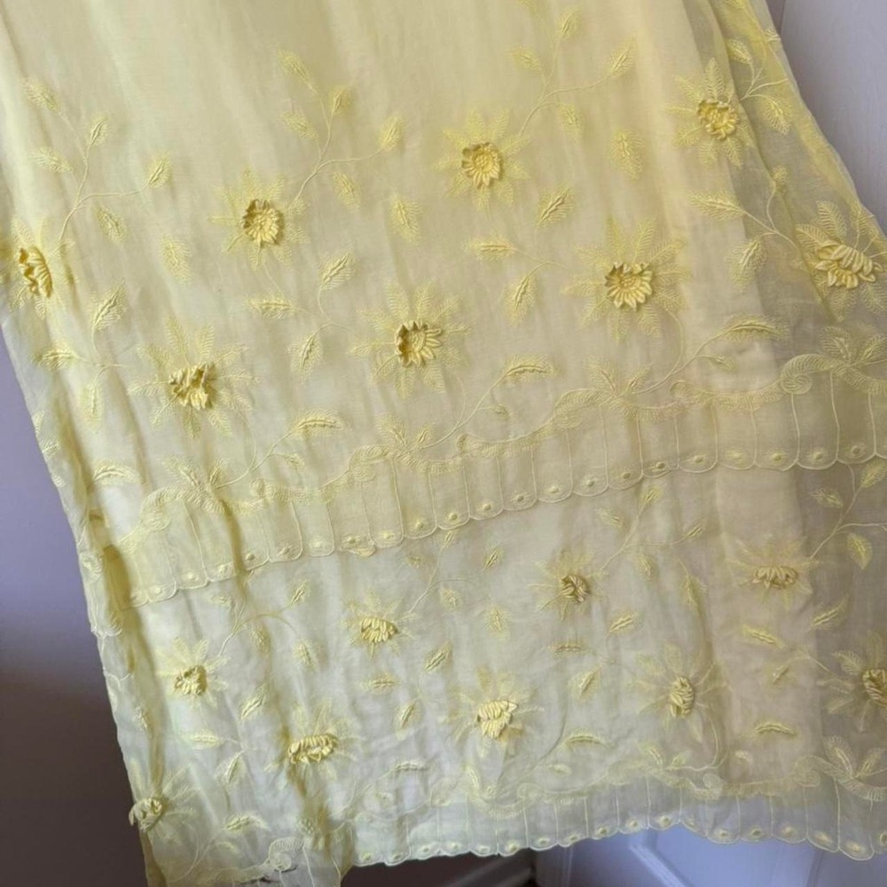 Vintage 60s / 70s Lemon Yellow Sheer Long Sleeve Maxi Dress 3D flower applique - Picture 4 of 8